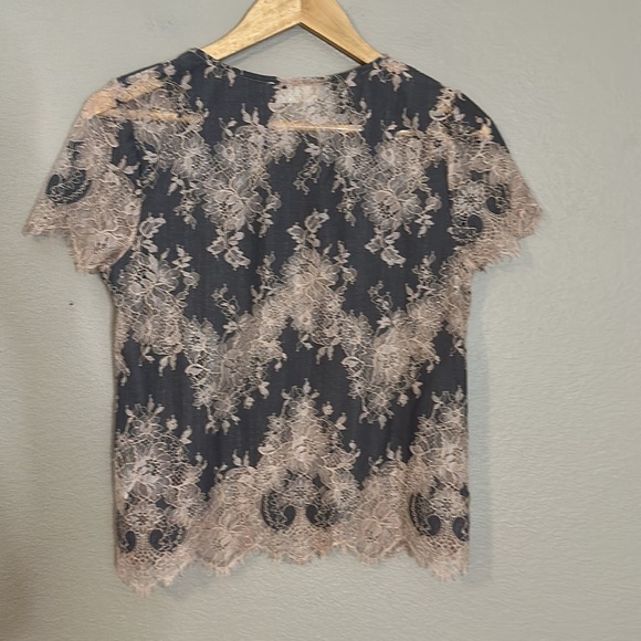 Anthropologie Everleigh Grey/Tan Lace Overlay Top Size Small Petite - Picture 4 of 8